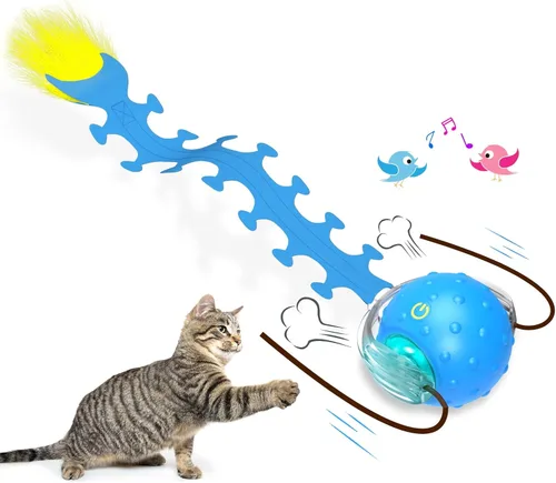 Giociv Pelota interactiva de juguetes para gatos de interior rodando rápidamente en alfombra, chirridos y activan el movimiento (ciempiés azul)