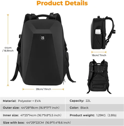 Miniatura 7 de K&F CONCEPT Mochila para cámara, funda rígida para cámara DSLR con compartimento para laptop de 15-15.6 pulgadas, estuche impermeable para cámara