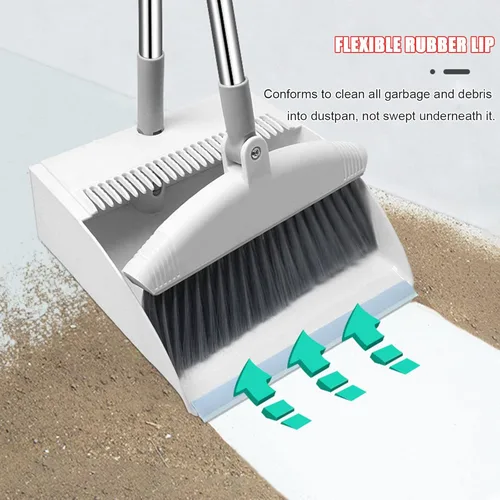 Miniatura 4 de Juego de escoba y recogedor con mango largo, escoba giratoria de 180 grados y recogedor vertical con raspador de pelo, juego de barrido de tienda