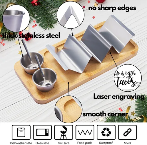 Miniatura 3 de Kit de Soportes para Tacos, Set 3-en-1 - Soporte para Concha de Taco + Bandeja de Servicio + Taza para Salsa, Plato de Presentación para Tacos