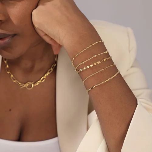 Miniatura 3 de LEXODY Pulseras de oro para mujer, juego de pulseras de espiga de oro de 14 quilates, delicadas joyas de espiga apilables, cadena fígaro, cadena