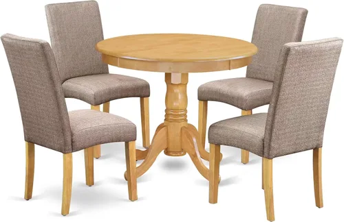 East West Furniture ANDR5-OAK-16 - Juego de comedor de 5 piezas que incluye una mesa de cocina redonda con pedestal y 4 sillas Parson tapizadas de