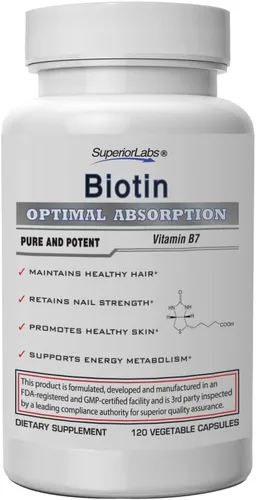 Superior Labs – Mejor suplemento natural de biotina sin OMG – para un cabello y pestañas más deliciosas – Uñas más fuertes – Piel sana – Potenciador
