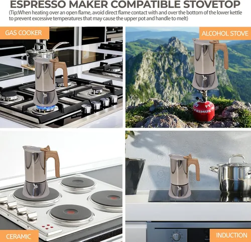 Miniatura 6 de Cafetera Moka de 2 Tazas sin Recubrimiento de Acero Inoxidable Grueso 304, Cafetera Espresso para Estufa, Cafetera Italiana Clásica para Preparar