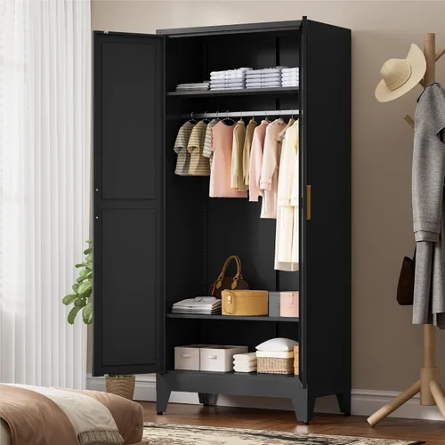 Miniatura 2 de LCAOPC Armario de metal de 71 pulgadas de alto con estantes ajustables y barra para colgar, 2 puertas, armario independiente para dormitorio, Negro