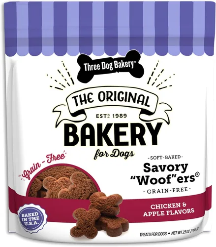 Three Dog Bakery Salados Woof ers in Chicken & Apple - Golosinas bajas en grasa para perros, golosinas de entrenamiento para cachorros con sabor a