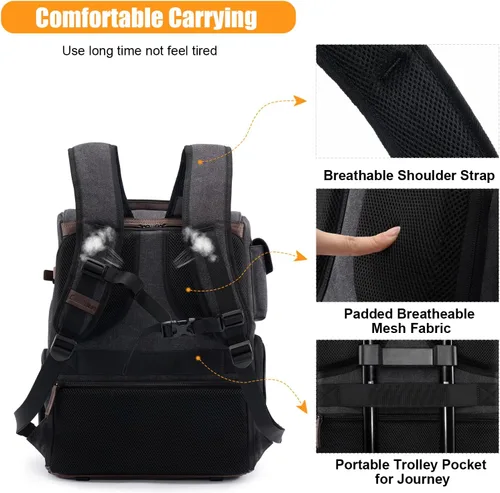 Miniatura 7 de Cwatcun Canvas Camera Backpack, DSLR SLR Camera Bags for Photographers with Waterproof Rain Cover, Camera Case with Laptop Compartment & Tripod