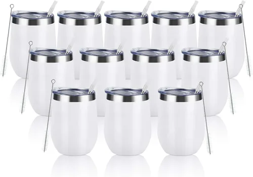 Miniatura 22 de Paquete de 12 vasos de vino de acero inoxidable, 12 onzas, doble pared, aislados al vacío, con tapas y pajitas, copas de vino sin tallo de acero Oro