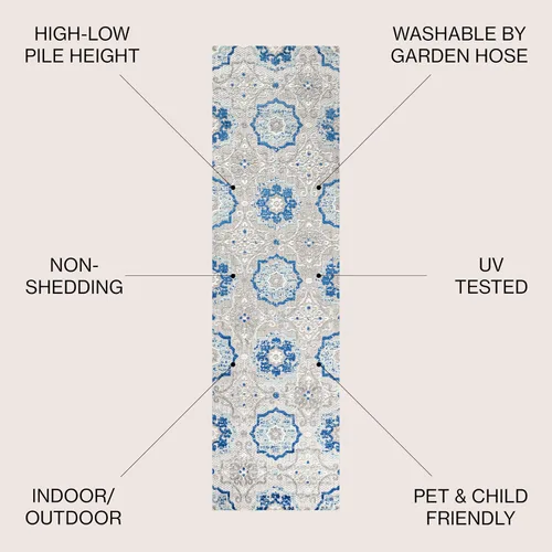 Miniatura 2 de JONATHAN Y Mediterranean Medallion - Alfombra de pasillo para interiores y exteriores, 2 x 8 pies, color azul/gris, bohemio, para patio trasero