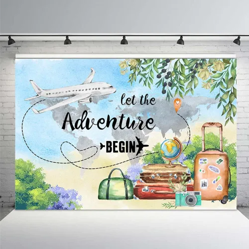 MEHOFOND Let The Adventure Begin - Telón de fondo para baby shower, viaje, cumpleaños, graduación, fiesta de jubilación, pancarta de avión para