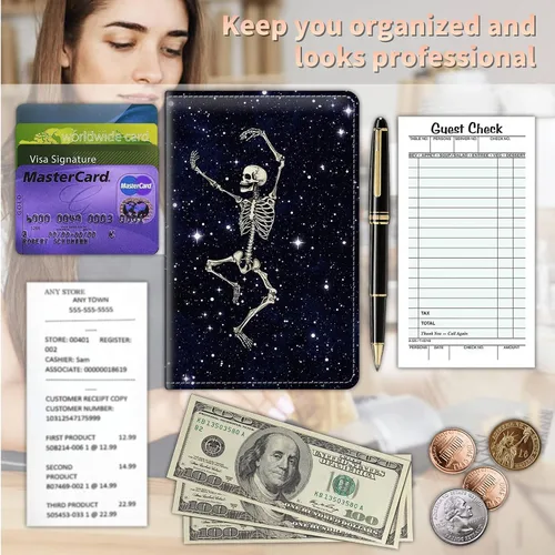 Miniatura 5 de Libros de mesero para camarera con bolsillo con cremallera, lindo esqueleto de baile, almohadillas de cuero para servidor, organizador de meseros