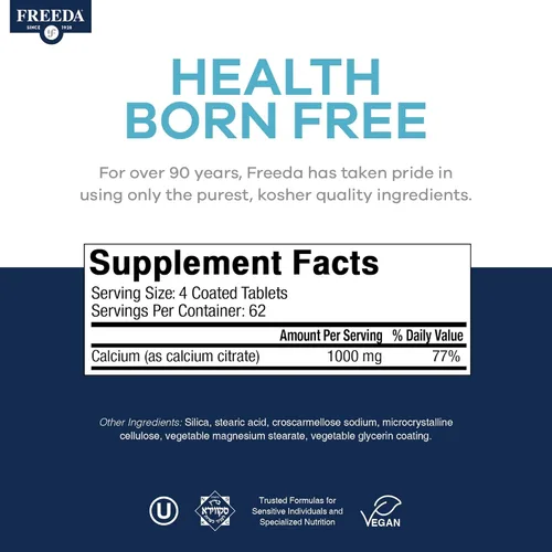 Miniatura 4 de Freeda Citrato de calcio puro de 1000 mg por porción, suplemento vegano kosher de fuerza ósea, apoya la densidad ósea y la función muscular