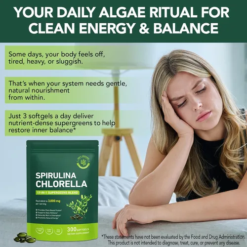 Miniatura 7 de Cápsulas de Clorella de Espirulina Orgánica,Suplemento sin OMG y sin gluten,300 cápsulas blandas