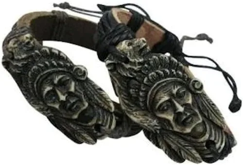 Paquete de 2 pulseras ajustables de hombre nativo envuelto en cuero, Metal, Piedra