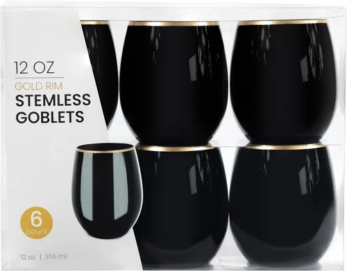 Miniatura 8 de PLASTICPRO Paquete de 12 copas de vino de plástico azules con borde dorado, sin tallo, desechables, de 12 onzas, sin BPA, inastillables, copas