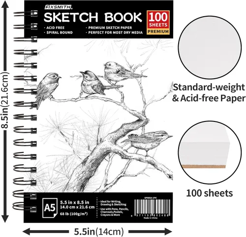 Miniatura 3 de FIXSMITH Cuaderno de bocetos de 5.5"X8.5" 100 hojas (68 lb/100gsm) Cuaderno de bocetos Papel de dibujo libre de ácido Bloc de bocetos de Negro