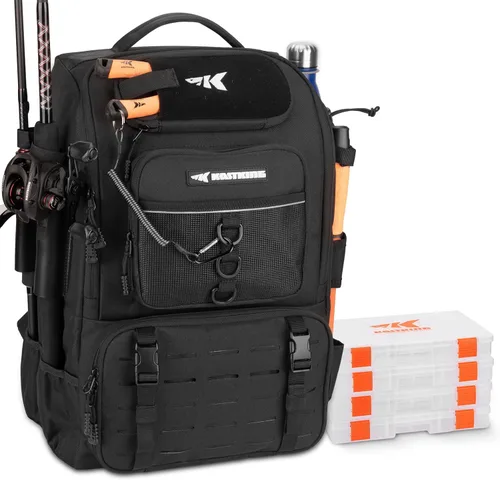 KastKing KarryAll - Mochila para aparejos de pesca con soporte para caña, 4 cajas de aparejos, bolsa de aparejos de 40/26L, almacenamiento de equipo