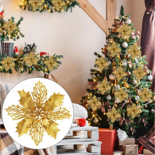 Miniatura 6 de 10 flores artificiales de Navidad de flor de pascua, lentejuelas con purpurina, adornos para árbol de Navidad, decoraciones de flor de pascua
