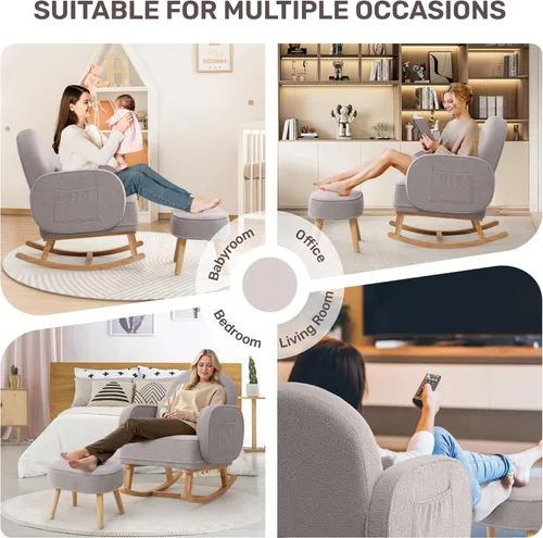 Miniatura 5 de HCHAIRH Mecedora para guardería con otomana, mecedora tapizada con respaldo alto y bolsillo lateral, sillón con patas de madera maciza para Gris