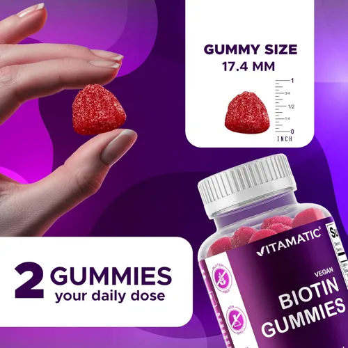 Miniatura 4 de Vitamatic Gomitas de biotina de 10,000 mcg para cabello más fuerte, piel y uñas, 60 gomitas veganas, también llamadas vitamina B7 (1 botella)