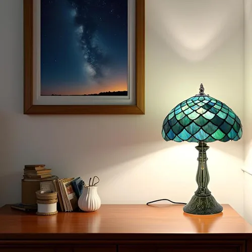 Miniatura 5 de Tiffany Style Stained Glass Table Lamp 18.5 Inch - Blue Fish Scales 12X12X18.5 Inch, E26 Bulb Base，Pull Chain Switch, Ceramic Base, Bedside