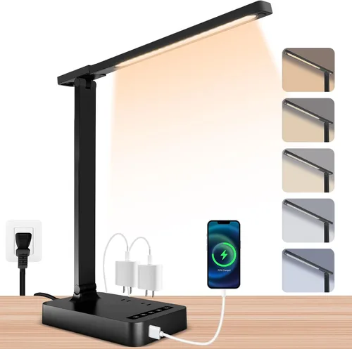 Miniatura 10 de snsok Lámpara de escritorio con cargador inalámbrico, puerto de carga USB, luz de escritorio de oficina regulable con reloj, alarma, fecha, Blanco