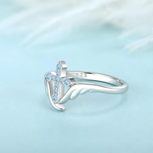 Miniatura 5 de STARCHENIE Anillo de cruz de plata de ley 925 con alas de ángel para mujer, talla 5-10