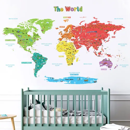 Miniatura 3 de DECOWALL SG-1902s - Calcomanías de pared de mapa del mundo educativo grandes, calcomanías coloridas extraíbles para niños, guardería, dormitorio