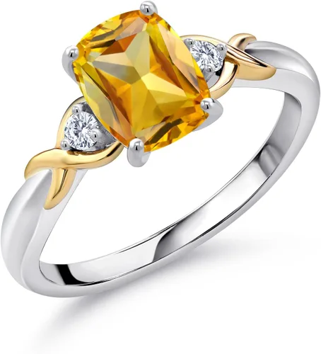 Miniatura 68 de Gem Stone King Anillo de compromiso de 3 piedras preciosas de plata 925 y oro amarillo de 10 quilates de 0.315 x 0.236 in de talla cojín y diamante