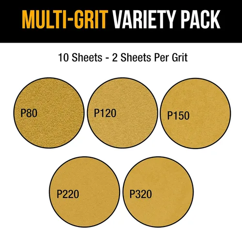Miniatura 4 de Dura-Gold Papel de lija dorado prémium de 9 x 11 pulgadas, 2 hojas de lijado de grano 320, 80, 120, 150, 220, 10 en total, para carpintería