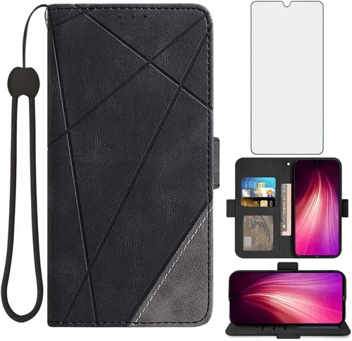 Asuwish Compatible con Xiaomi Redmi Note 8 - Funda tipo cartera y protector de pantalla de vidrio templado, cordón de cuero, soporte magnético para