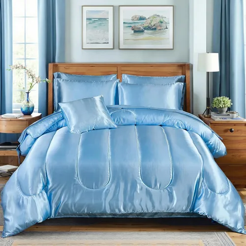 Miniatura 14 de Bedding_Dreamer Juego de edredón sedoso negro de satén en una bolsa, 8 piezas de ropa de cama sedosa de hotel de lujo con 1 edredón, 1 sábana