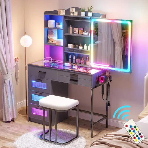 Miniatura 18 de HNEBC - Mesa de tocador RGB con espejo y luces, mesa de maquillaje con espejo LED y estación de carga USB/inalámbrica, juegos de mesa de tocador
