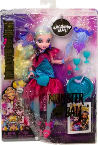 Miniatura 6 de Monster High Muñeca Monster Ball, Lagoona Blue en vestido de fiesta con accesorios temáticos que incluyen globos y ponchera