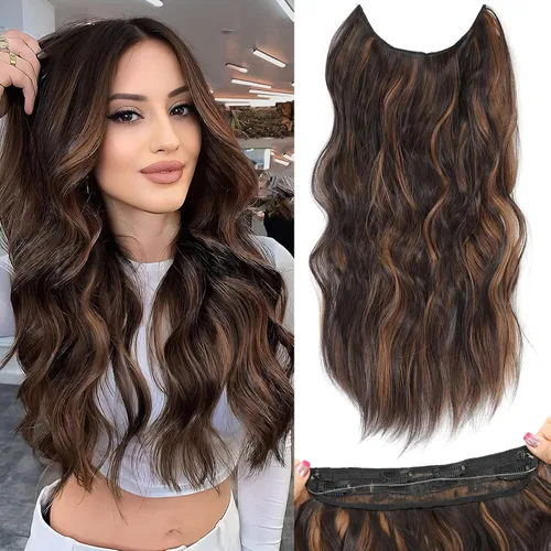 Miniatura 23 de Extensiones de cabello con halo de 12 pulgadas con alambre invisible, cabello largo ondulado ajustable, sintético, mejora con 4 clips de seguridad