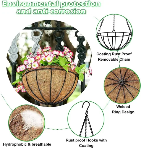 Miniatura 3 de GWY Cestas colgantes para macetas, 3 paquetes de 12 pulgadas, soporte de alambre de metal para plantas con forro de coco y cadena negra para colgar
