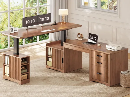 Miniatura 13 de SEDETA Escritorio eléctrico acanalado en forma de L, 63 x 67 pulgadas de altura ajustable para oficina en casa con cajones y estantes, escritorio