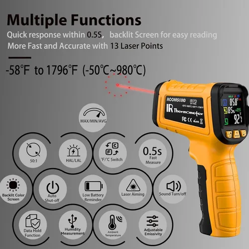 Miniatura 5 de Pistola de temperatura de termómetro infrarrojo -58°F a 1796°F, pistolas de temperatura de modo dual 50:1 con termopar tipo K para lecturas 58°F a
