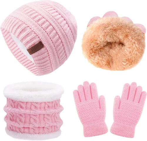 Juego de 3 piezas de gorro de invierno para niños, bufanda y guantes para niños de 2-6-10-14 años, conjuntos de punto grueso y cálido con forro