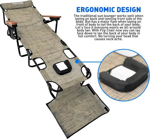 Miniatura 4 de EasyGo Product FLIP - Tumbona para patio, orificios para cara y brazos, 4 patas, material textileno, 6 posiciones, almohada reclinable