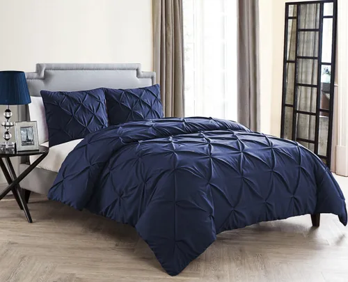 VCNY Home Funda de edredón de diamantes fruncidos con fundas a juego, cierre de botón, estaciones, King, azul marino