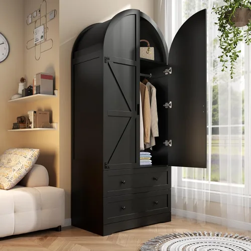 Gyfimoie Armario Ropero Negro de 74.8" con 2 Cajones y 2 Puertas, Armario Alto de Dormitorio Independiente con Estantes, Gabinete de Almacenamiento