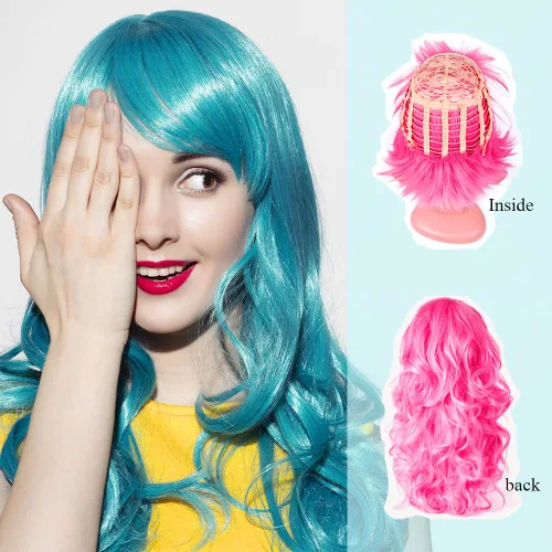 Miniatura 3 de DIYI Pelucas largas y coloridas, paquete de 6 pelucas onduladas para fiesta, pelucas de color rizado para mujeres, despedidas de soltera