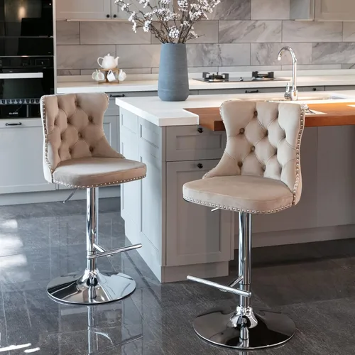 Miniatura 18 de Taburete de bar giratorio con respaldo copetudo, taburetes de bar ajustables en altura de mostrador, ribete de cabeza de clavo, silla de bar Beige +