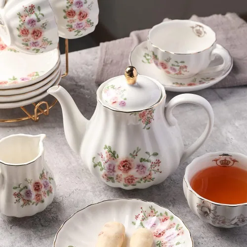 Miniatura 5 de Sweejar Juegos de Té de Porcelana Serie British Royal, Tazas y Platillos de 8 OZ para Servicio de 6, con Tetera Azucarero Jarra de Crema Cucharitas