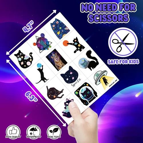 Miniatura 4 de 96 piezas divertidas de tatuajes temporales con temática de gatos espaciales, decoraciones de fiesta de cumpleaños, suministros de decoración