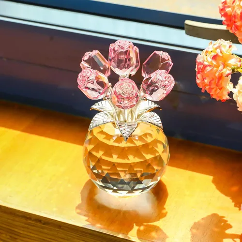 Miniatura 6 de YWHL Figurilla de Flor de Rosa Rosa de Cristal Hecha a Mano con Jarrón Redondo, Regalos de Rosas para Novia, Esposa, Hermana, Regalos Románticos