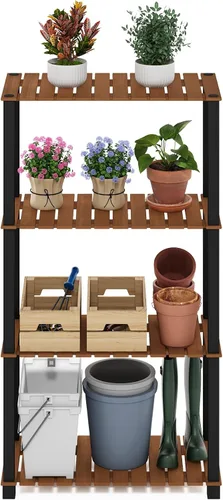 Miniatura 3 de Furinno Pangkor Turn-N-Tube - Estante de madera para plantas de interior y exterior de 4 niveles con postes cuadrados, color natural/negro