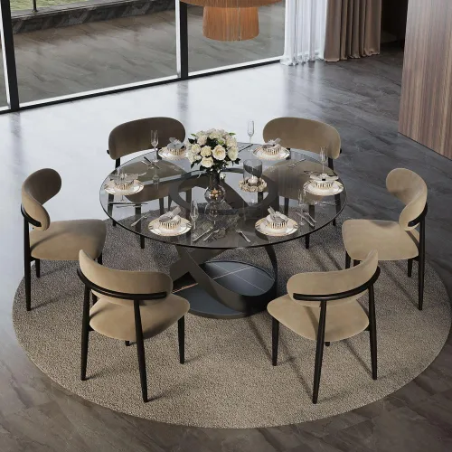 Miniatura 24 de POVISON Juego de 4 sillas de comedor redondas de lino y algodón con mesa de comedor de vidrio (mesa de comedor de 51 pulgadas + 4 sillas)