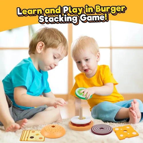 Miniatura 6 de Kizh Juguete apilable de madera para clasificar hamburguesas para niños pequeños, juguetes educativos Montessori de motricidad fina para niños